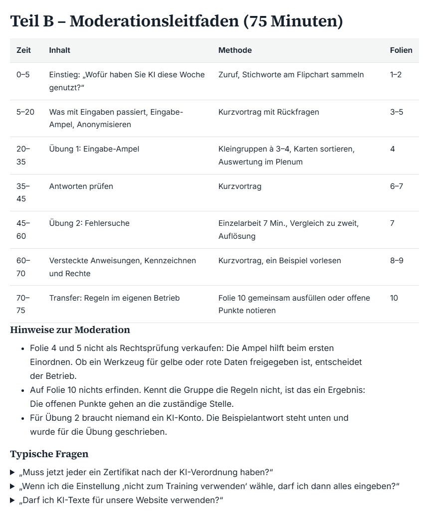 Seite aus dem Moderationsleitfaden: Ablauf des Moduls in 75 Minuten mit Zeiten, Methoden und Folien